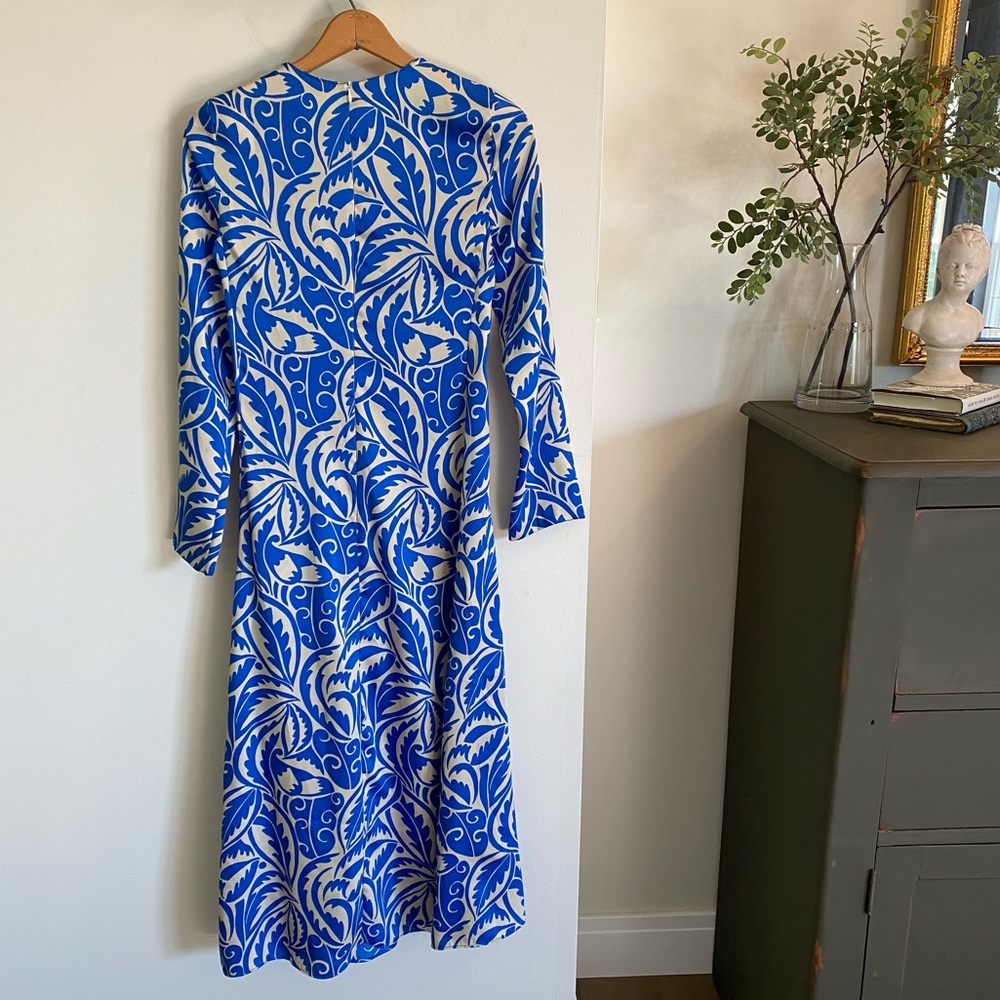 Zara Satin Blue Tan Long Sleeve Midi Dress Size XS - Picture 8 of 13